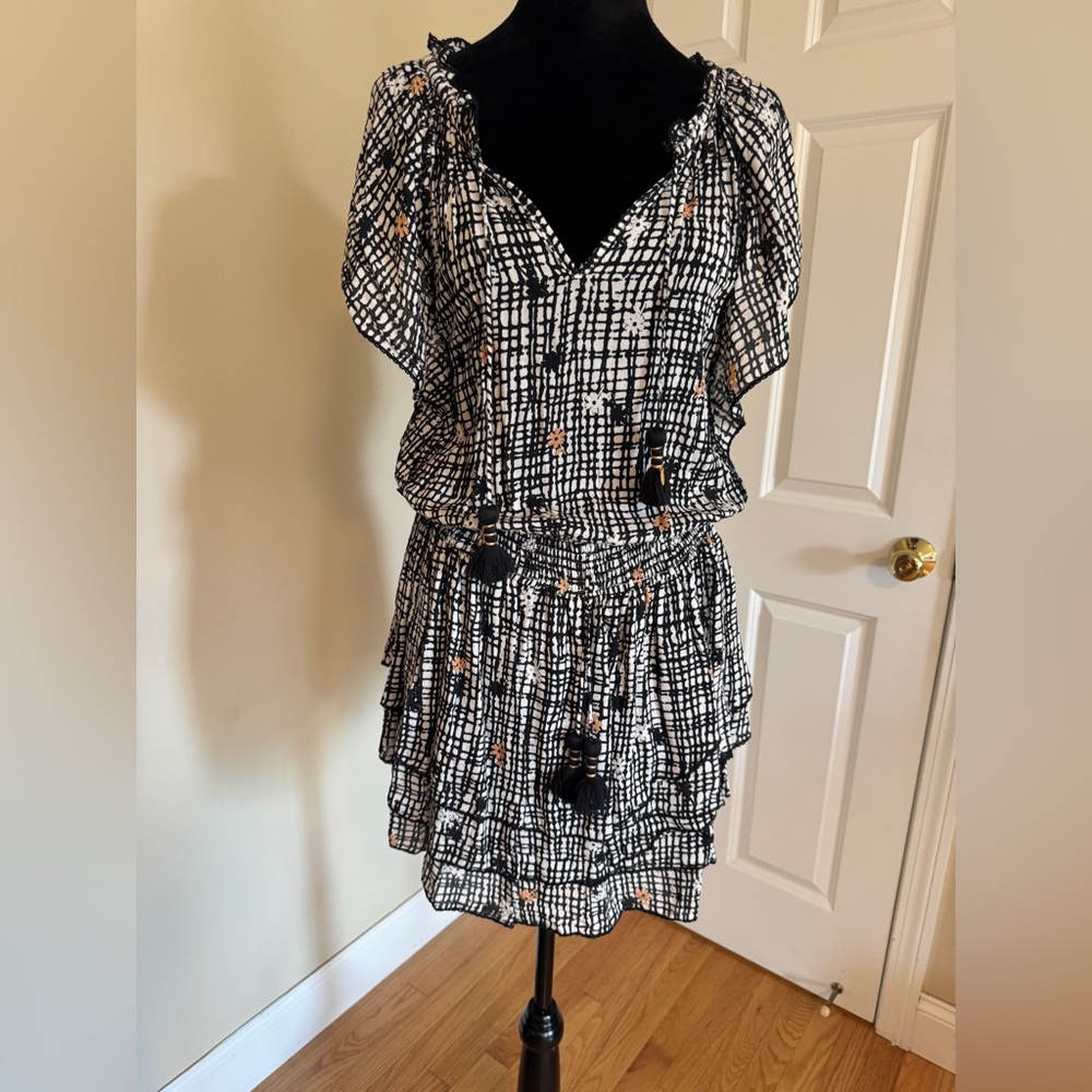 Poupette St. Barth Black & White PrintedTiered Mini Dress w Tassels size Small